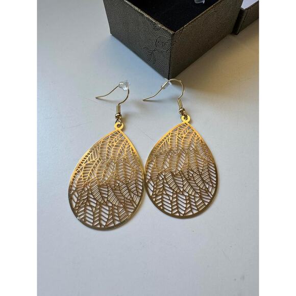 14K Gold Plated Teardrop Drop Dangle Earrings Gold Leaf Earrings for Women - Picture 2 of 5